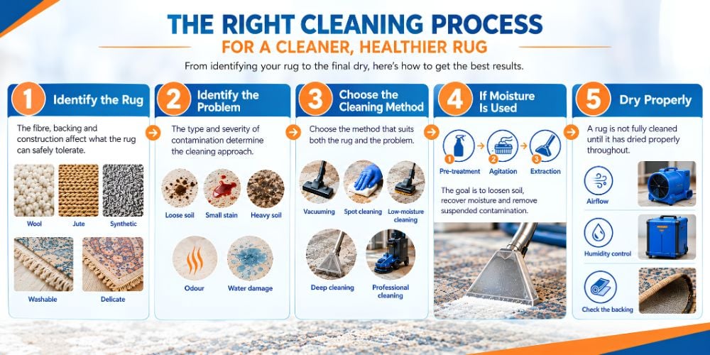 How to choose the right rug cleaning method based on material, stains, moisture and drying